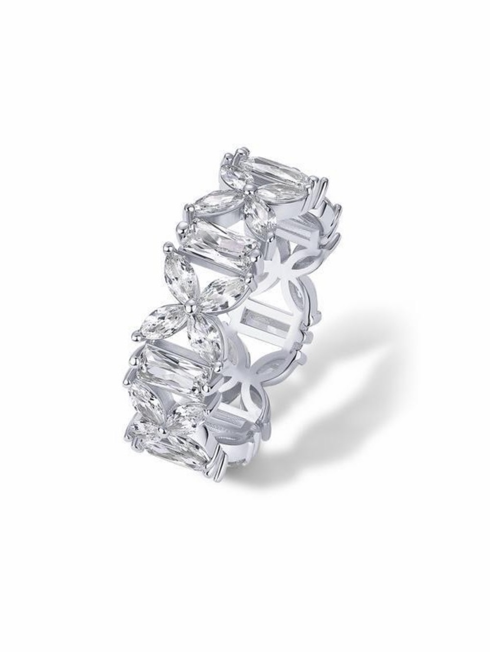 Silver Crystal Floral Eternity Band S925 Sterling Silver Ring Size 6